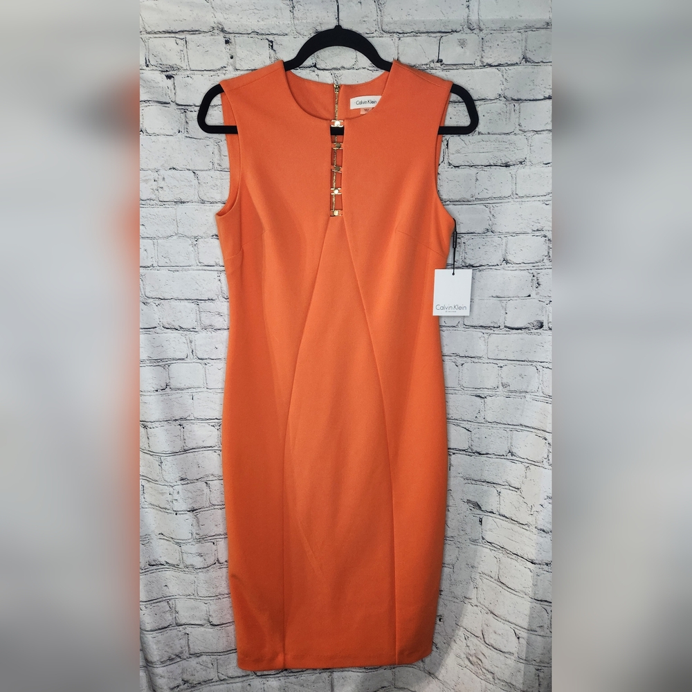 Calvin Klein Sleeveless Orange Gold Scuba Career Business Midi Dress Szโ 6